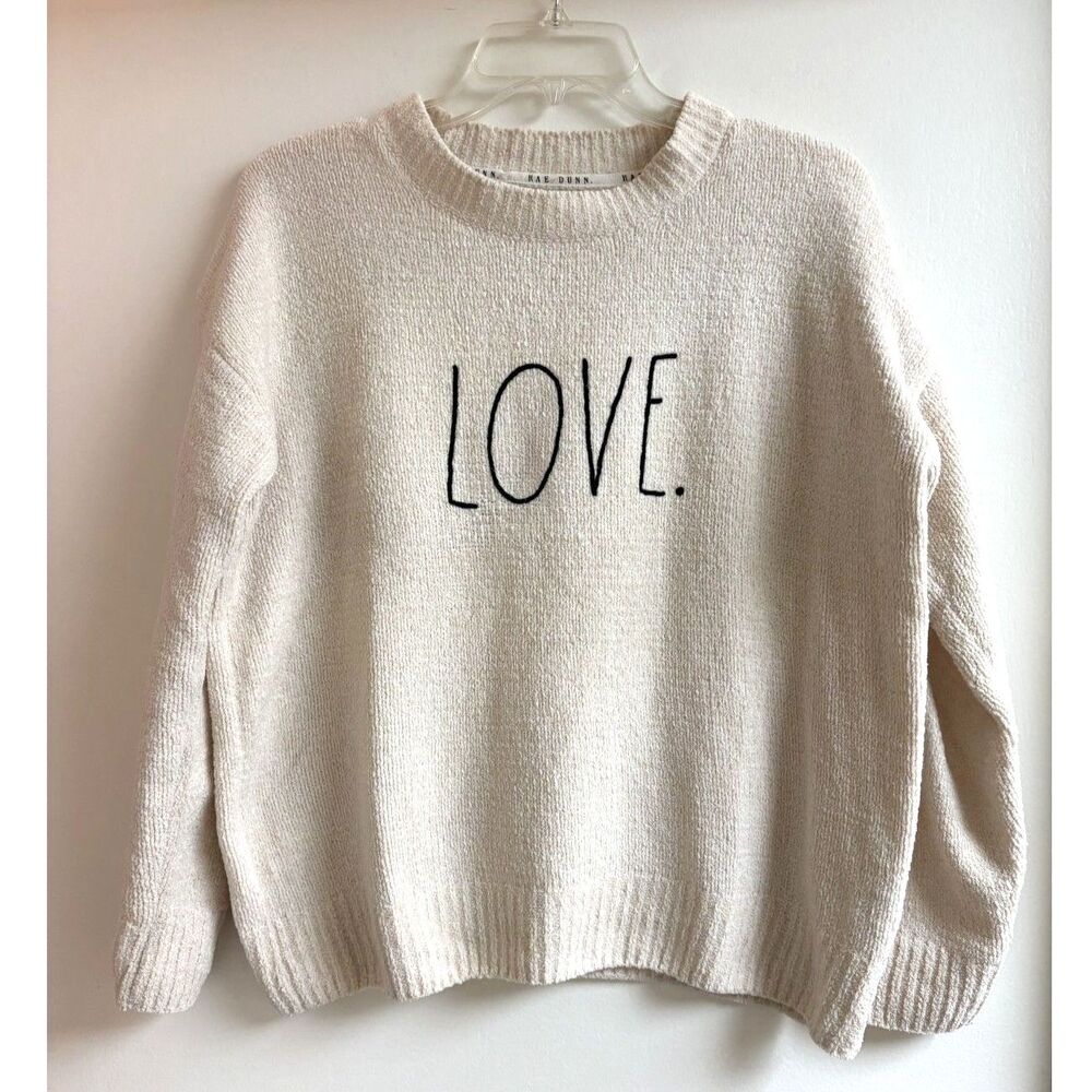 Rae Dunn Love Beige Boucle Sweater Soft Cozy Knit Graphic Pullover Top Lounge L